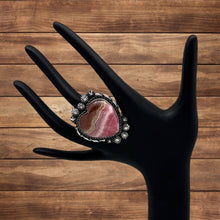 Load image into Gallery viewer, ROSELLA PAXTON Navajo Sterling Rhodochrosite Heart Ring Two Starshots Size 7.25
