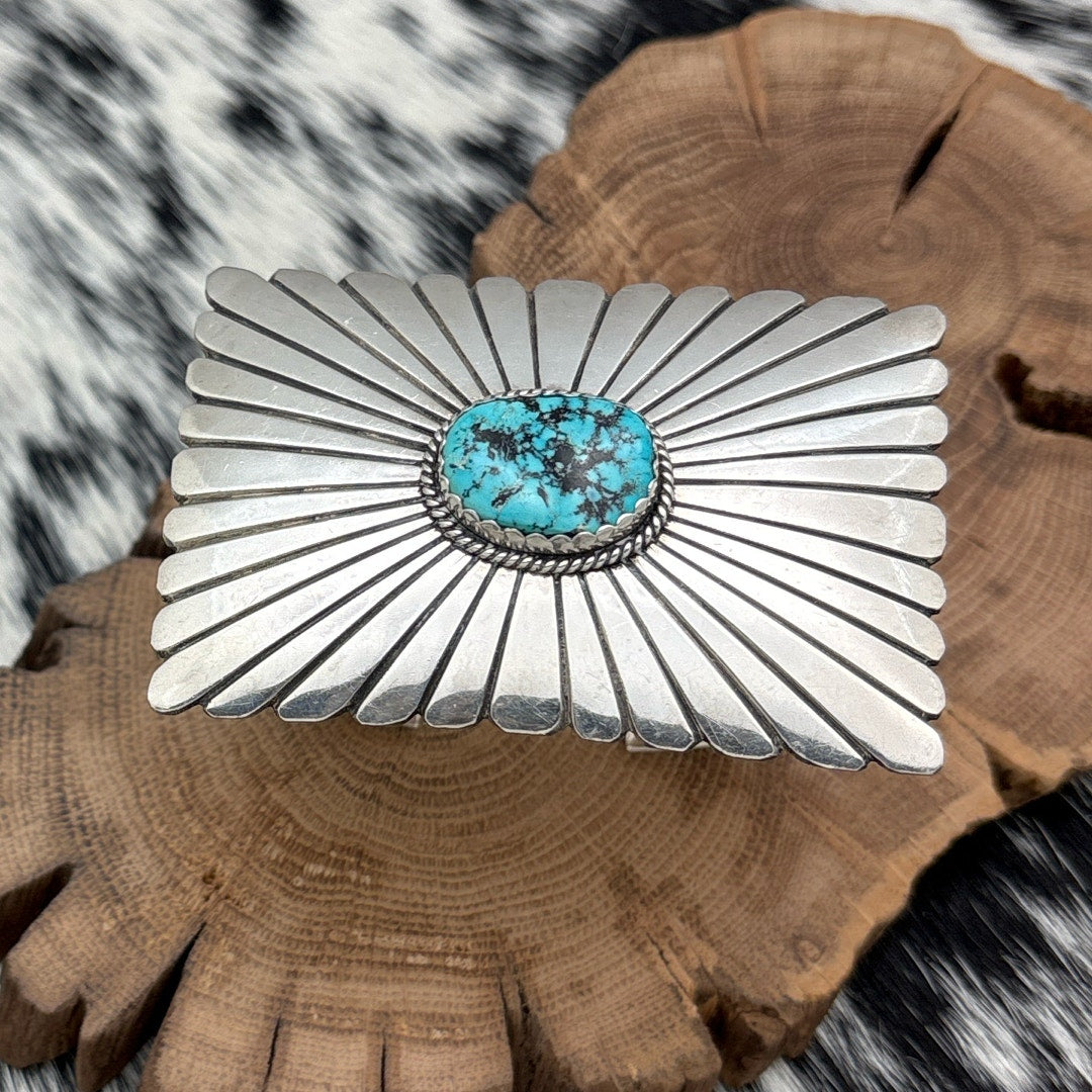 1980s Native American NAVAJO Sterling Turquoise Buckle Mounted On Cuff Bracelet