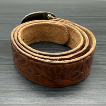 Load image into Gallery viewer, 1970s ANGELITA CHEAMA Zuni Sterling &amp; Turquoise Belt Buckle Tooled Leather Belt
