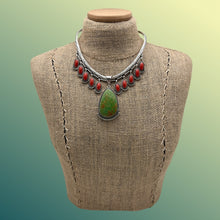 Load image into Gallery viewer, HERMAN SMITH Navajo Sterling &amp; Turquoise Pendant Collar Necklace Coral Drops
