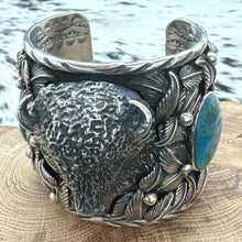 Load image into Gallery viewer, JACOB TRONCOSA San Felipe Pueblo Sterling Silver Turquoise Buffalo Cuff Bracelet
