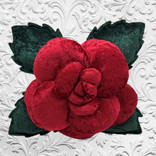 Load image into Gallery viewer, 2000s HANDMADE Dark Red &amp; Forest Green Crushed Velour 3-Dimensional Rose Pillow

