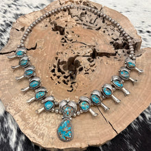 Load image into Gallery viewer, 1970s Native American NAVAJO Sterling Turquoise Squash Blossom Necklace No Naja
