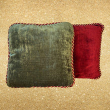 Load image into Gallery viewer, 1990s RAYMOND WAITES Set Of 4 Burgundy &amp; Green Reversible Velour Accent Pillows
