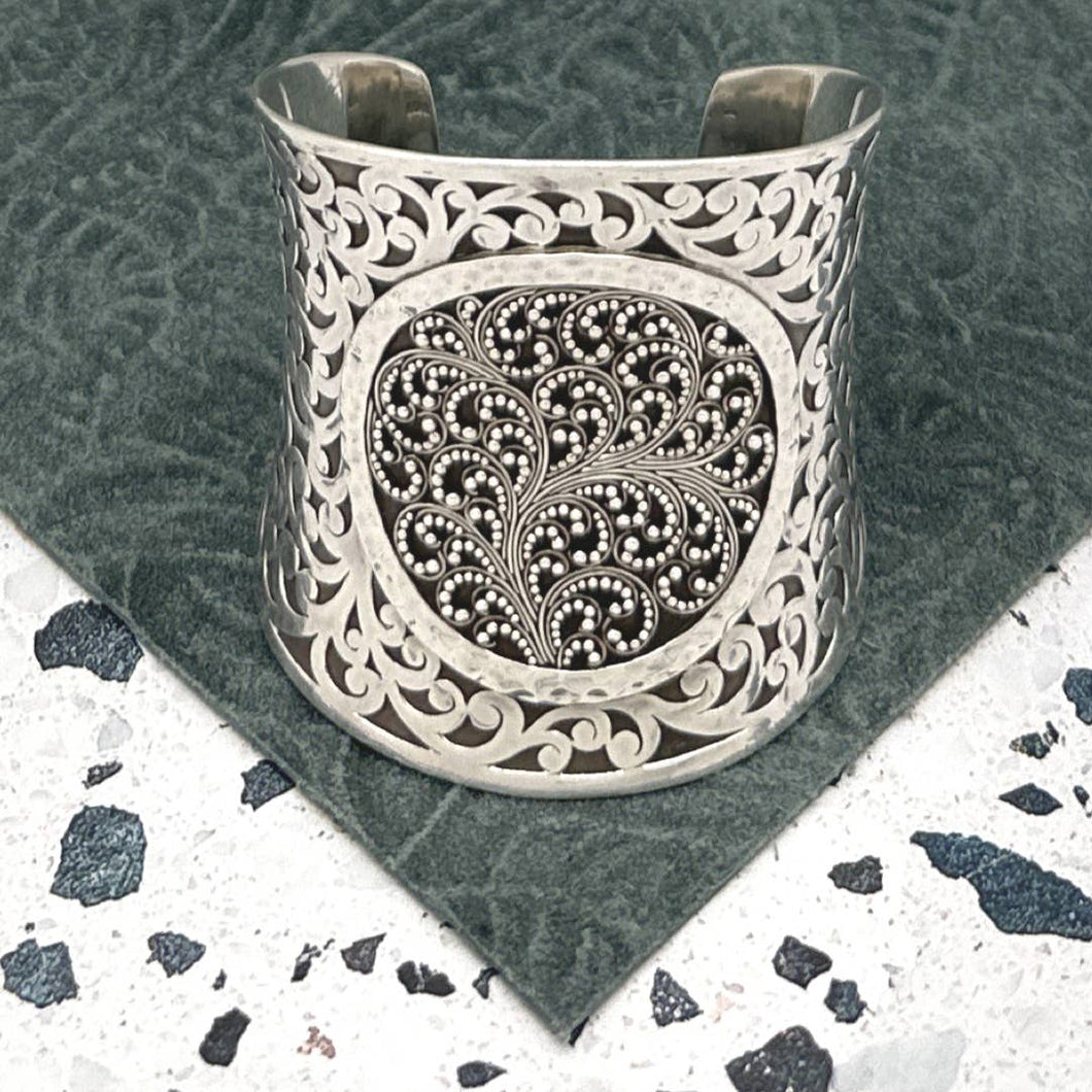LOIS HILL Sterling Silver Statement Cuff Bracelet LH Circular Granulated Design