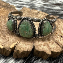 Load image into Gallery viewer, 1970s Native American NAVAJO Sterling Silver &amp; 3 Green Turquoise Cuff Bracelet
