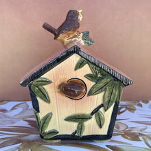 Load image into Gallery viewer, 1950s McCOY Pottery Cream Pink Green Wren Bird Birdhouse Cookie Jar With Lid
