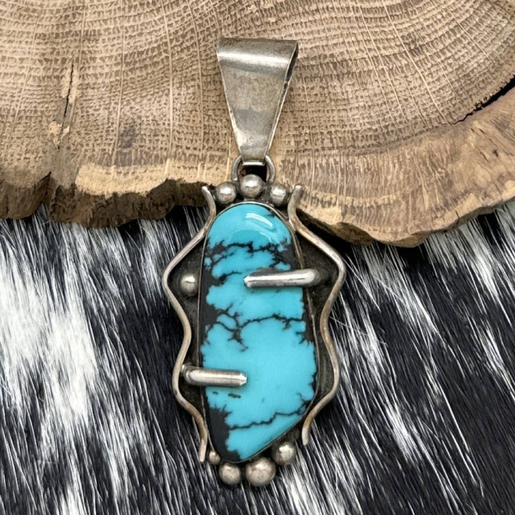 1990s MERLE HOUSE Navajo Sterling Silver & Hubei Turquoise Abstract Pendant