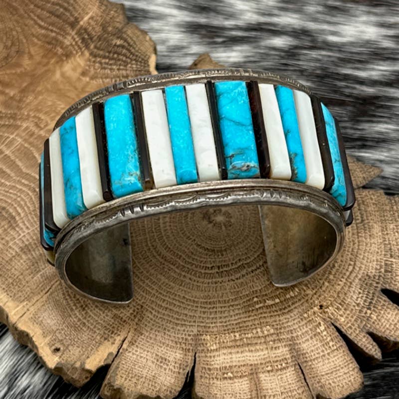 1960s NAVAJO Sterling Turquoise Mother Of Pearl Jet Cornrow Inlay Cuff Bracelet