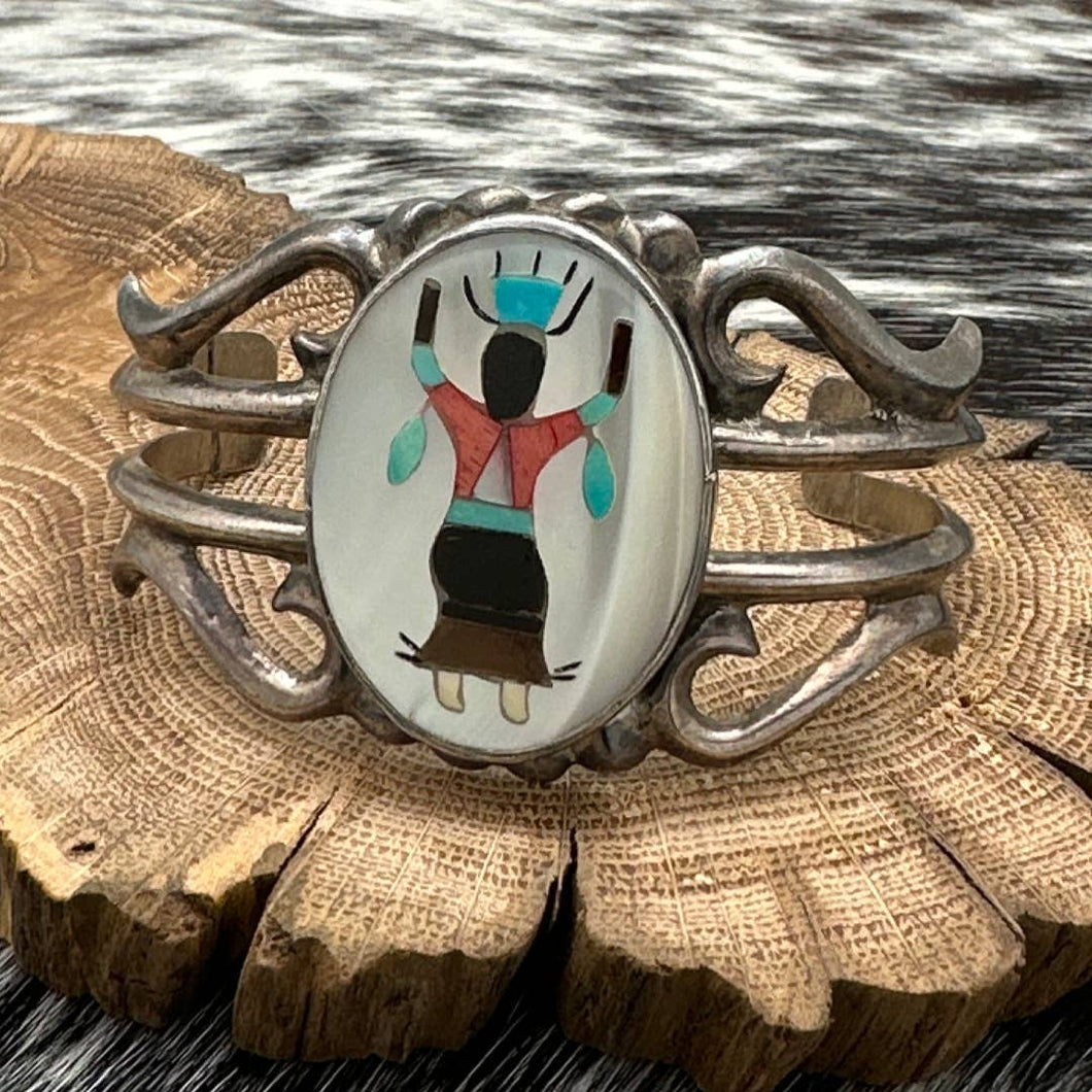 1970s Native American NAVAJO Sandcast Silver Apache Gahn Dancer Cuff Bracelet