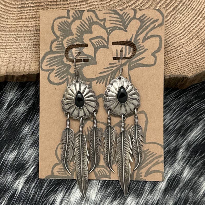 Vintage NATIVE AMERICAN Sterling Silver & Onyx Teardrop Concho Dangle Earrings