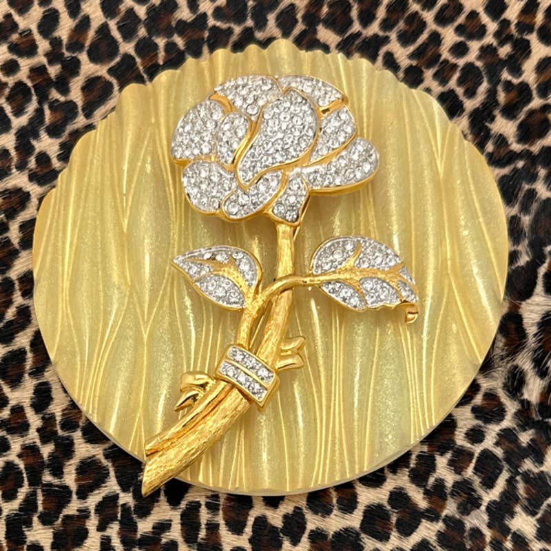 Vintage NOLAN MILLER Goldtone & Clear Crystal Large Rose Pin Brooch