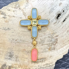 Load image into Gallery viewer, 1980s KARL LAGERFELD Goldtone Multi-Pastel Color Stylized 4-Way Cross Brooch
