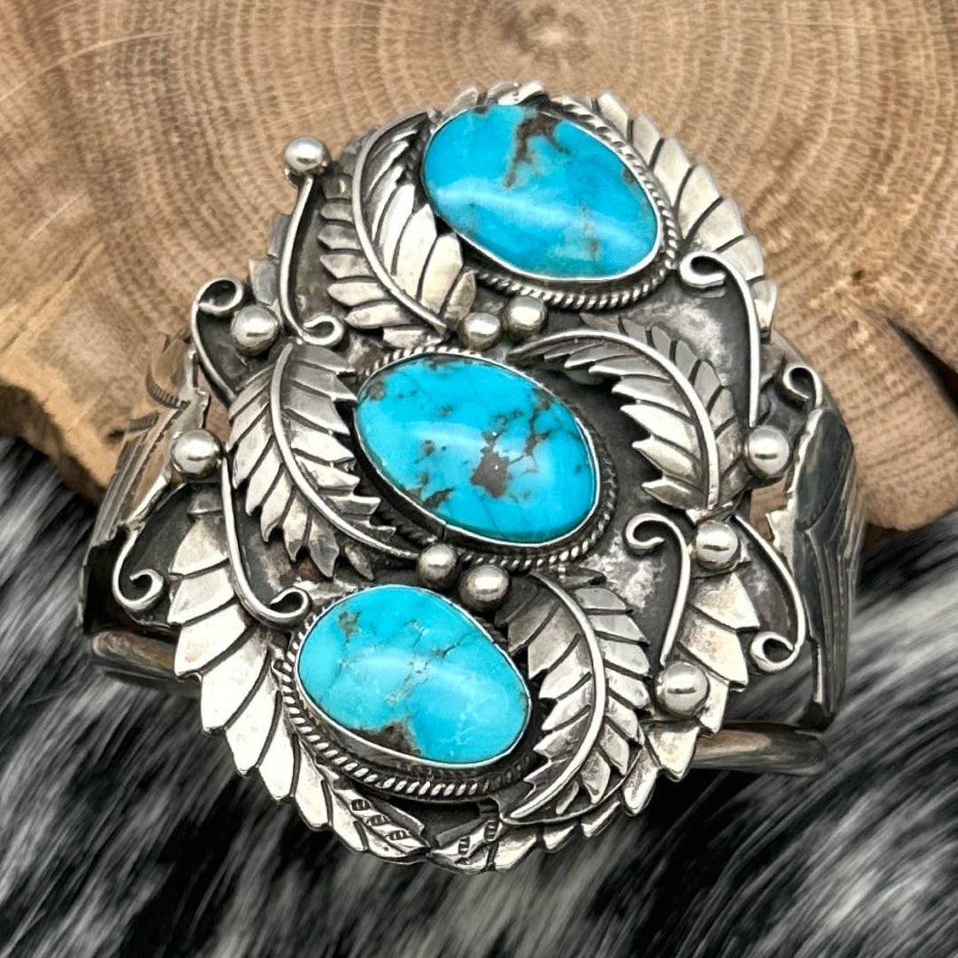 1970s AARON CHISCHRLIGI Sterling & Turquoise Cuff Bracelet 3-D Leaves Raindrops