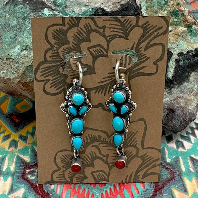 LEO FEENEY Sterling Sleeping Beauty Turquoise Coral Hoop Earrings Fancy Dangles