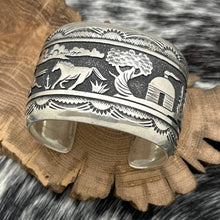 Load image into Gallery viewer, TOMMY SINGER Navajo Sterling Silver Large Storyteller Bracelet Running Horses
