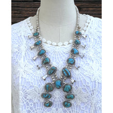 Load image into Gallery viewer, Vintage NATIVE AMERICAN Navajo Sterling Turquoise Matrix Squash Blossom Necklace
