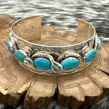 Load image into Gallery viewer, Zuni Calavaza Family RUNNING BEAR SHOP Sterling &amp; Turquoise Snake Cuff Bracelet
