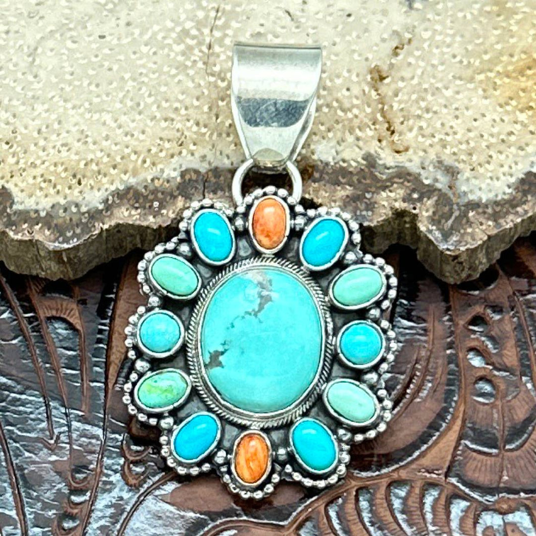 BEA TOM Navajo Sterling Silver & Campitos Turquoise Multi-Stone Cluster Pendant