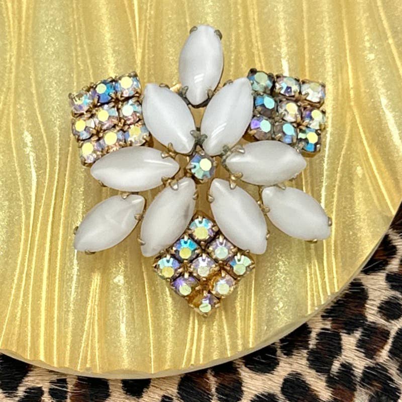 Vintage WEISS Goldtone Floral Brooch with Milky White Navettes & Clear AB Rhinestones | Statement Jewelry