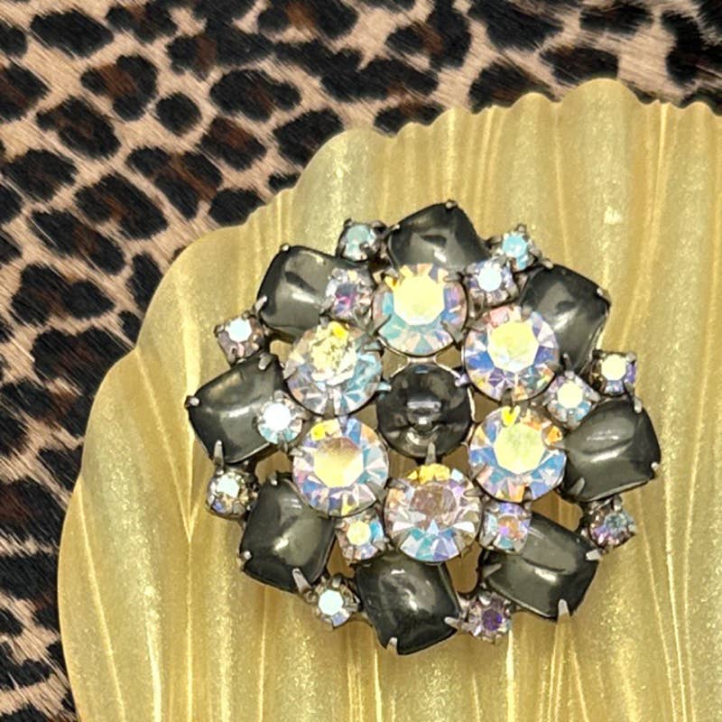 Vintage WEISS Silvertone Cluster Brooch | Grey Rectangles & Clear AB Rhinestones