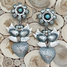 Load image into Gallery viewer, FEDERICO JIMENEZ Sterling &amp; Turquoise Love Birds Heart Flower Dangle Earrings
