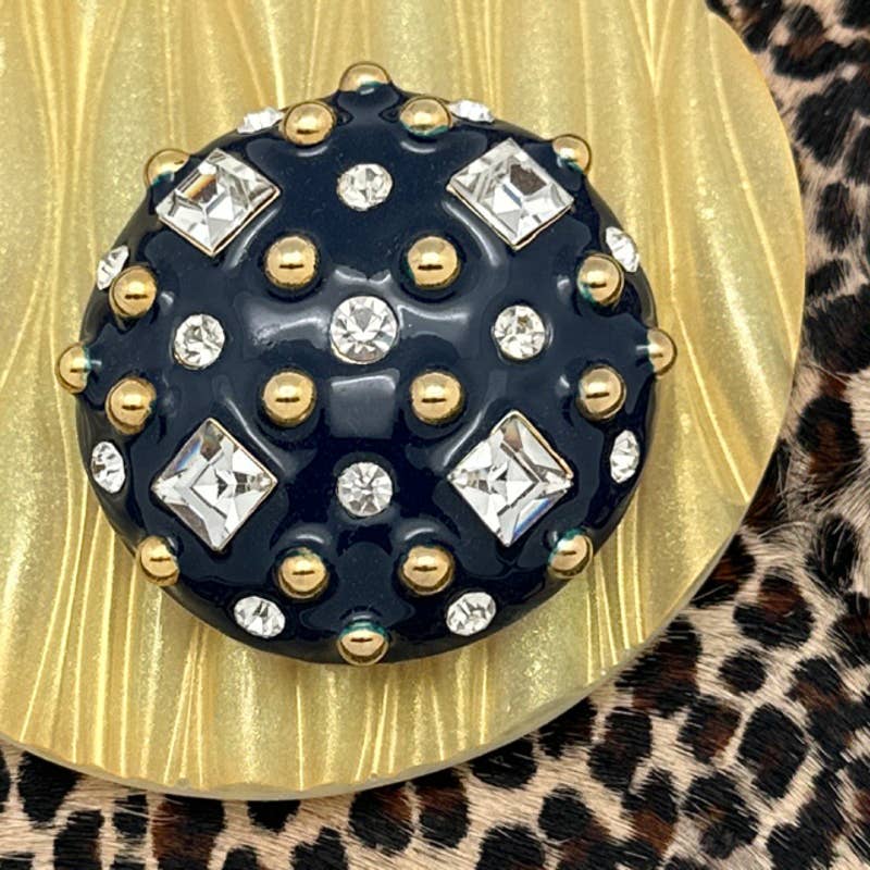 Vintage GEM-CRAFT Goldtone Round Pin Brooch Navy Blue Enamel Clear Rhinestones