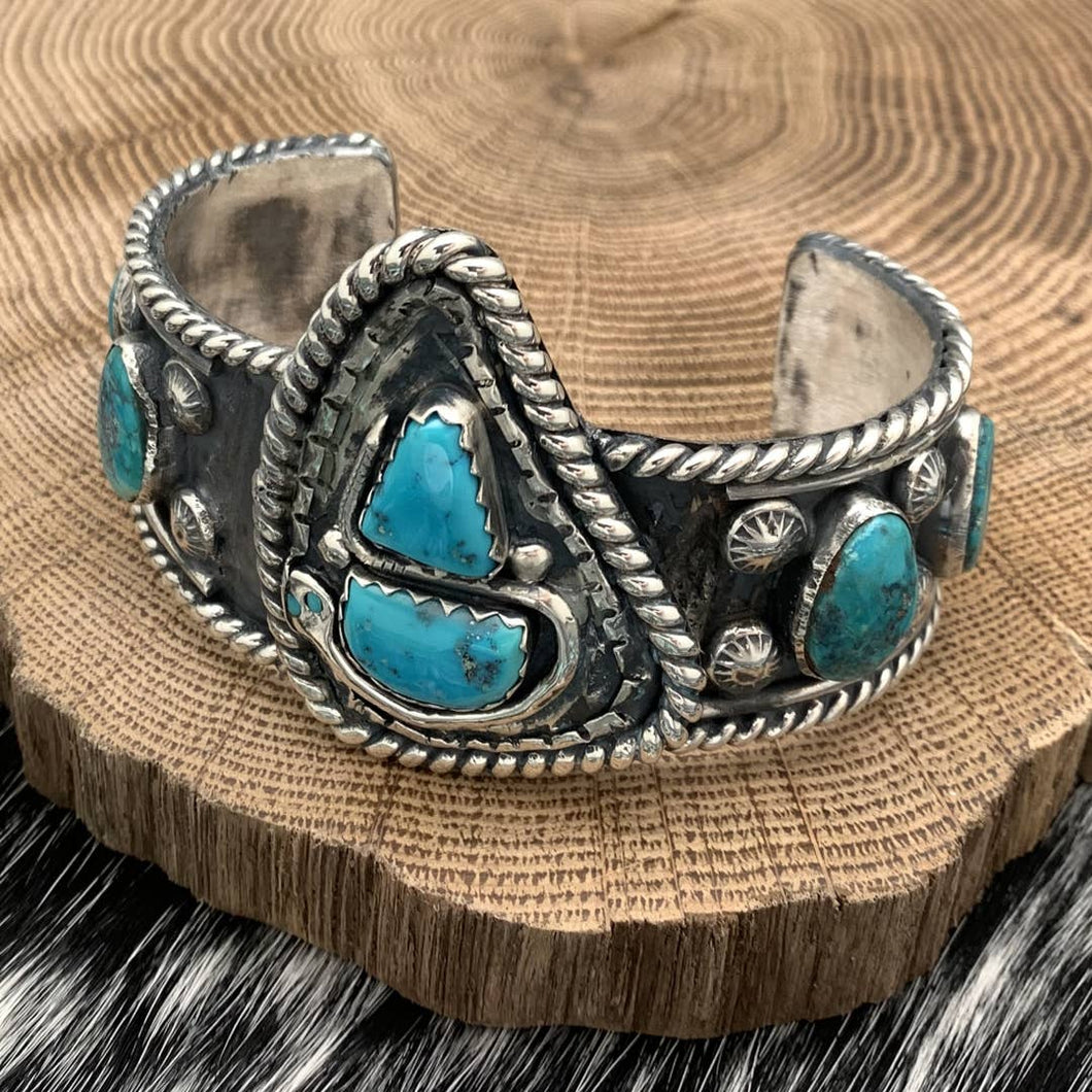 NATIVE AMERICAN / MEXICAN Sterling Silver & Turquoise Cuff Bracelet Snake 7.375”