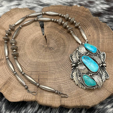 Load image into Gallery viewer, 1970s JUSTIN MORRIS Navajo Sterling &amp; Turquoise Pendant 3-D Leaves Curly Ques
