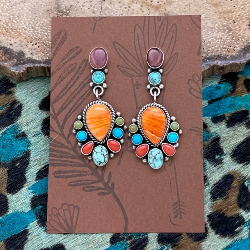 DAVIDA LISTER Navajo Sterling Orange Spiny & Multi-Stone Post Dangle Earrings