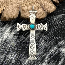 Load image into Gallery viewer, 1960s Native American NAVAJO Sandcast Silver &amp; Turquoise Cross Pendant With Loop
