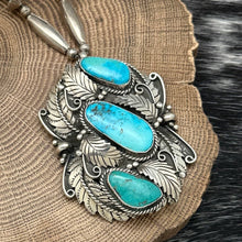 Load image into Gallery viewer, 1970s JUSTIN MORRIS Navajo Sterling &amp; Turquoise Pendant 3-D Leaves Curly Ques
