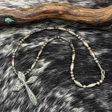 Load image into Gallery viewer, 1970s Native American NAVAJO Sterling &amp; Turquoise Chip Inlay Cross Bead Necklace
