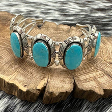 Load image into Gallery viewer, 1990s RUNNING BEAR SHOP Sterling Silver &amp; Turquoise 5-Station Cuff Bracelet
