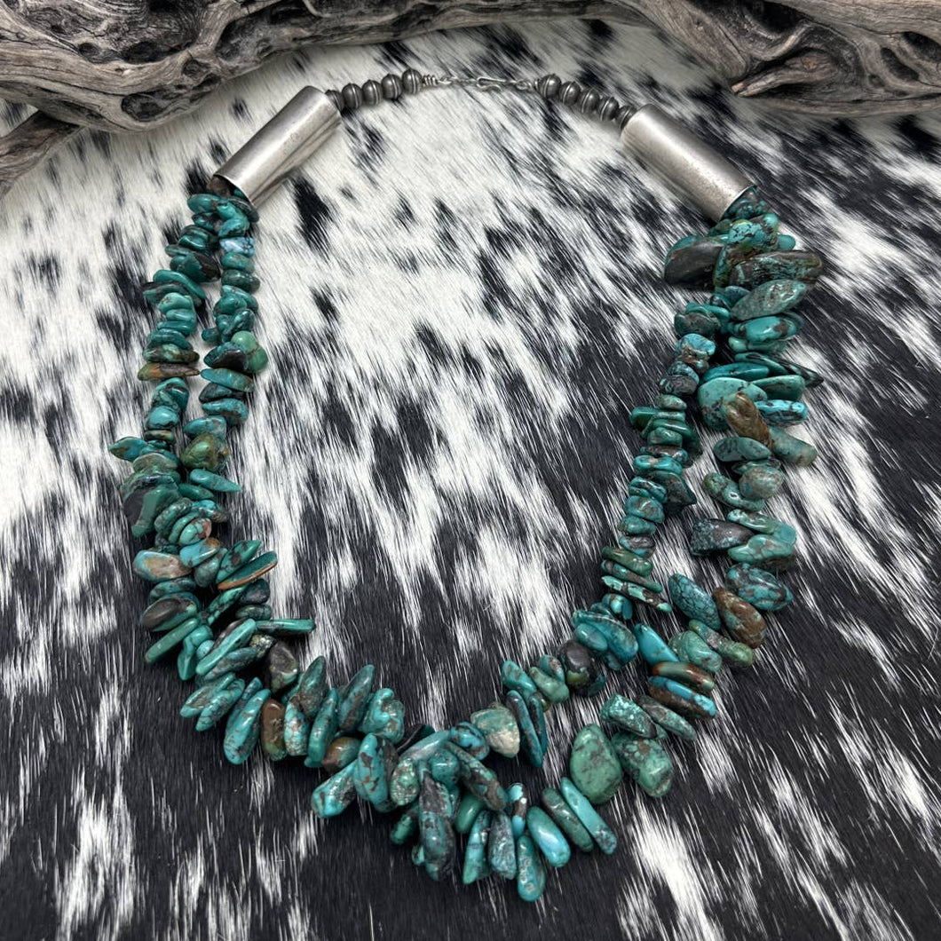 1990s NATIVE AMERICAN Dark Green Turquoise 2-Strand Necklace Sterling Silver