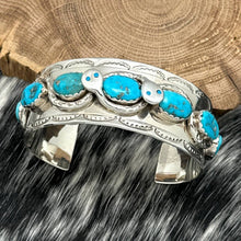 Load image into Gallery viewer, Zuni Calavaza Family RUNNING BEAR SHOP Sterling &amp; Turquoise Snake Cuff Bracelet
