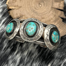 Load image into Gallery viewer, 1960s Native American NAVAJO Sterling Silver &amp; Turquoise 3-Station Cuff Bracelet
