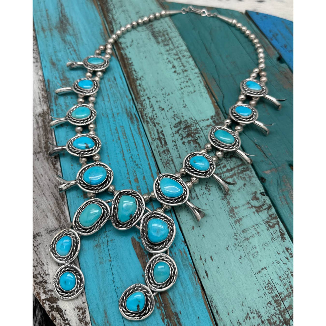 Vintage NATIVE AMERICAN Navajo Sterling & Blue Turquoise Squash Blossom Necklace