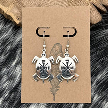 Load image into Gallery viewer, RAMON DALANGYAWMA Hopi Overlay Sterling Silver Turtle Motif Dangle Earrings
