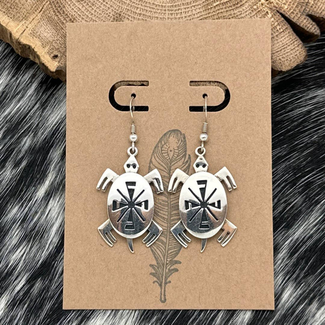 RAMON DALANGYAWMA Hopi Overlay Sterling Silver Turtle Motif Dangle Earrings
