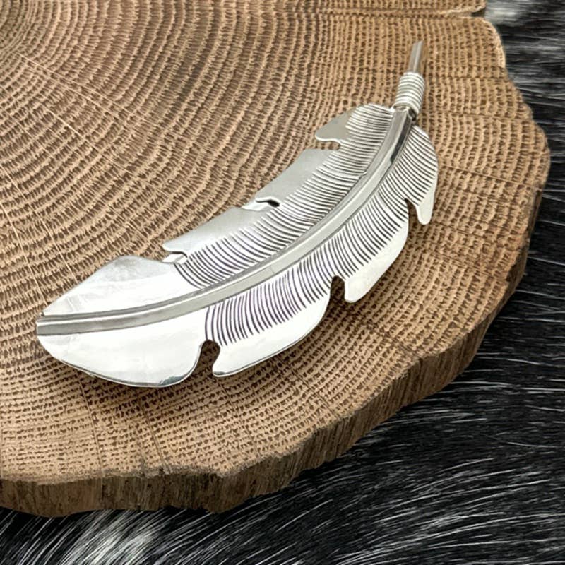 NATIVE AMERICAN Sterling Silver Curved Feather Barrette with French Clip