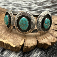Load image into Gallery viewer, 1960s Native American NAVAJO Sterling Silver &amp; Turquoise 3-Station Cuff Bracelet

