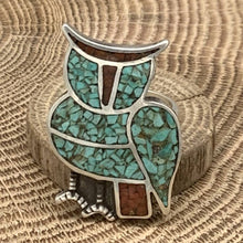 Load image into Gallery viewer, Vintage NATIVE AMERICAN Sterling Turquoise &amp; Coral Chip Inlay Owl Jewelry Set
