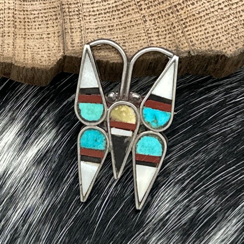 1970s Native American ZUNI Sterling Turquoise Multi Stone Inlay Butterfly Pin