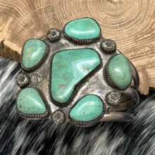 Load image into Gallery viewer, 1950s Native American NAVAJO Sterling Silver &amp; Turquoise Cluster Cuff Bracelet
