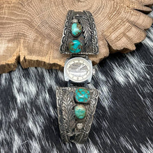 Load image into Gallery viewer, 1930s JOHN SILVERSMITH Navajo Sterling Silver &amp; Turquoise Watch Tips Timex Case
