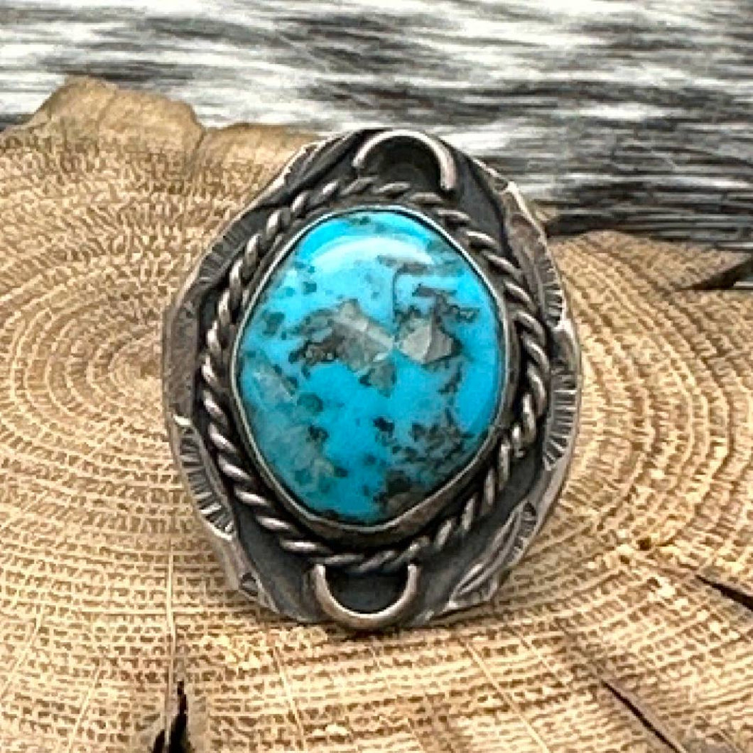 1970s Native American NAVAJO Sterling Silver & Turquoise Unique Statement Ring