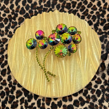 Load image into Gallery viewer, Vintage WEISS Goldtone Olive Green Multi AB Rivoli Rhinestone Flower Sprig Pin
