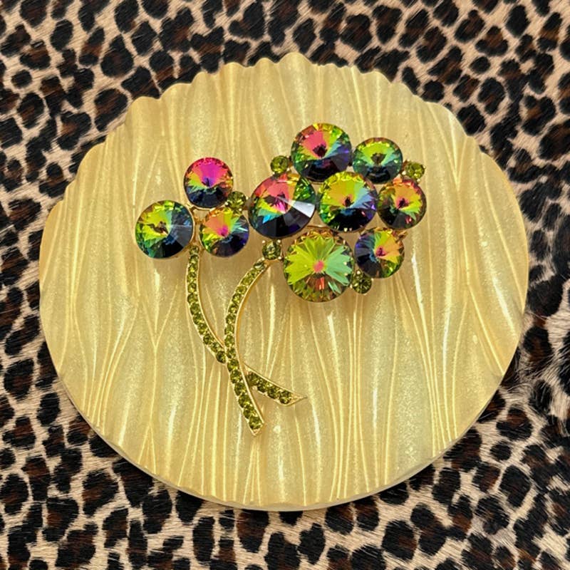 Vintage WEISS Goldtone Olive Green Multi AB Rivoli Rhinestone Flower Sprig Pin