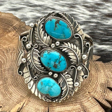 Load image into Gallery viewer, 1970s AARON CHISCHRLIGI Sterling &amp; Turquoise Cuff Bracelet 3-D Leaves Raindrops
